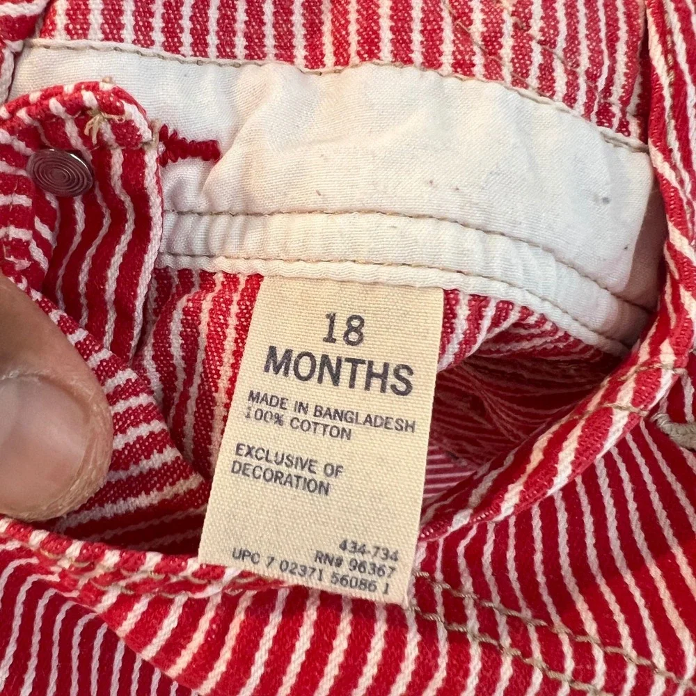 OshKosh B'gosh Girl Red White Hickory Stripe Denim Overall Dress 18 Months